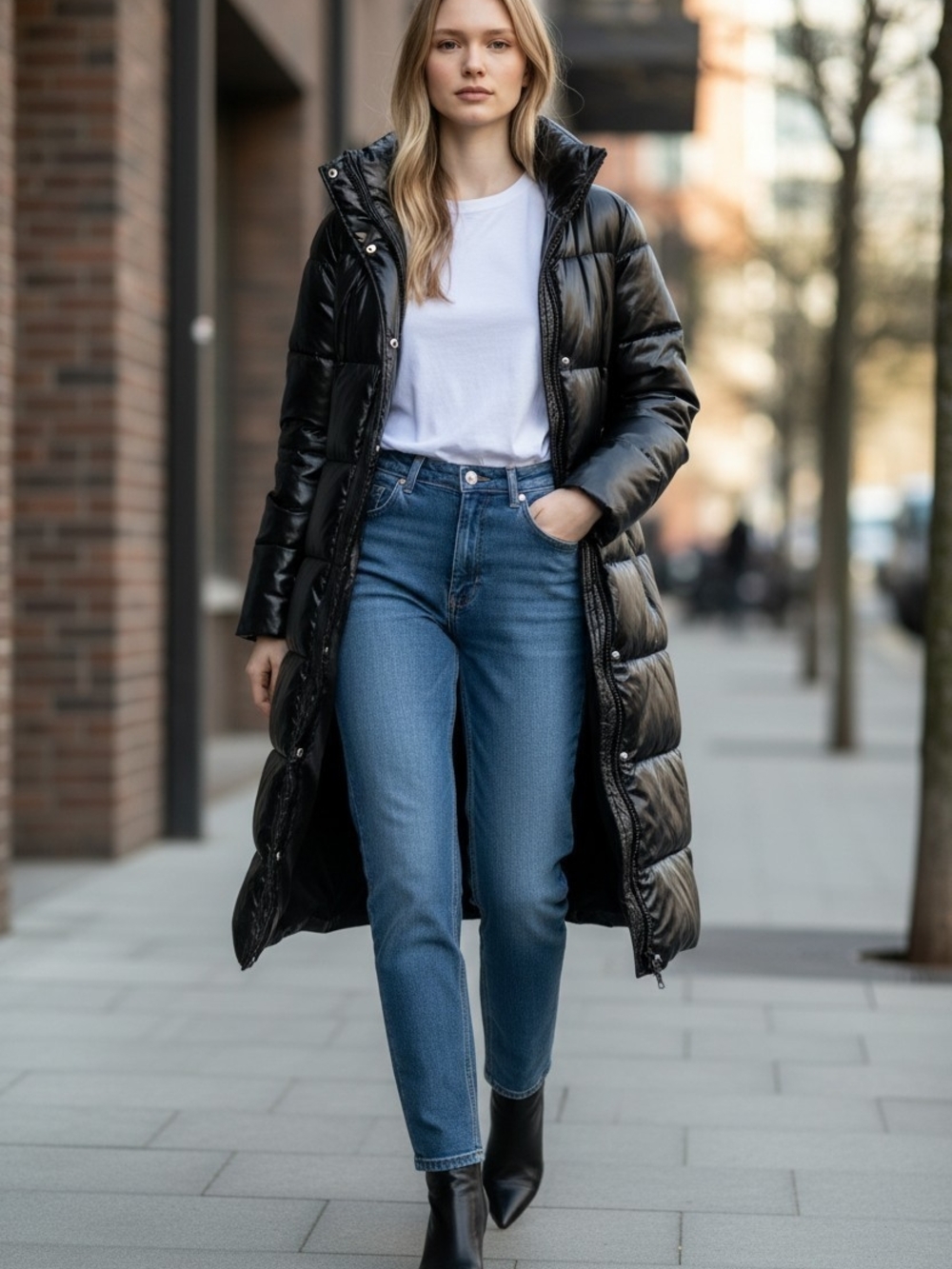 Avec Les Filles Black Faux Leather Maxi Puffer Coat Long Quilted Winter Jacket M